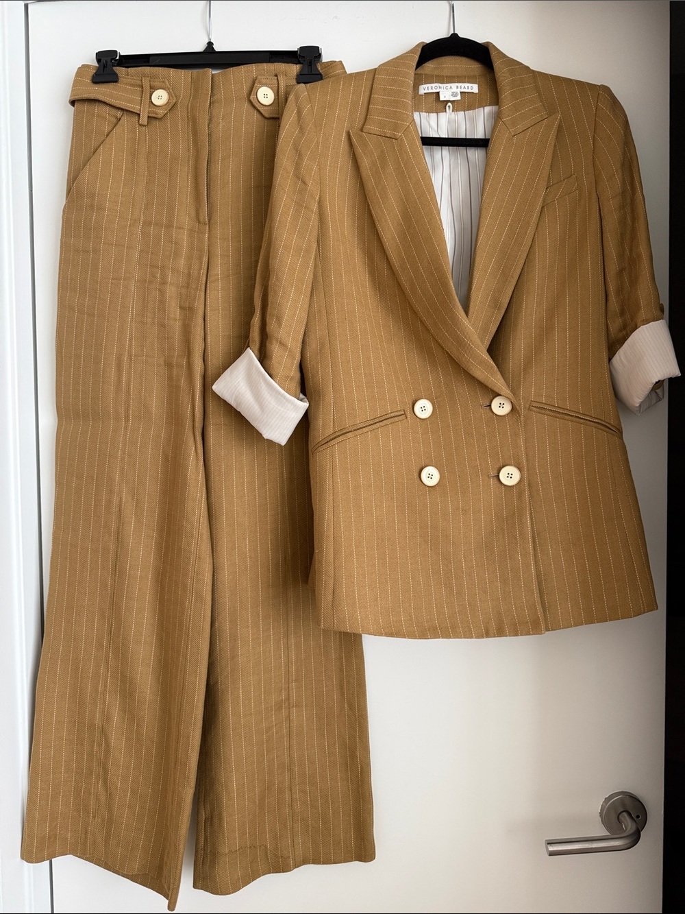 Veronica Beard Tan Pinstripe Double-Breasted Blazer & Wide-Leg Pants